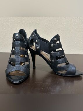 Nine West Black Strappy Studded Open-Toe Heels